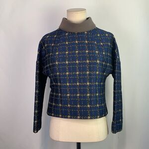 Paula Hian blue tweed crop with tan drape neck top